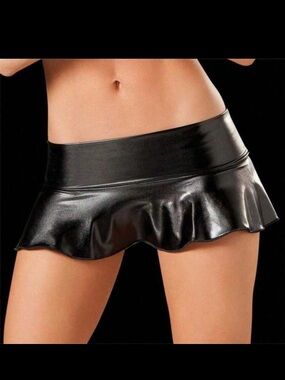 Black Shiny Mini Skirt with Flirty Ruffle Hem